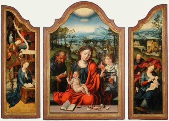 A Triptych: The Holy Family with an Angel Offering Fruit (centre), The Annunciation (left wing) and The Rest on the Flight into Egypt (right wing, by an unknown artist)