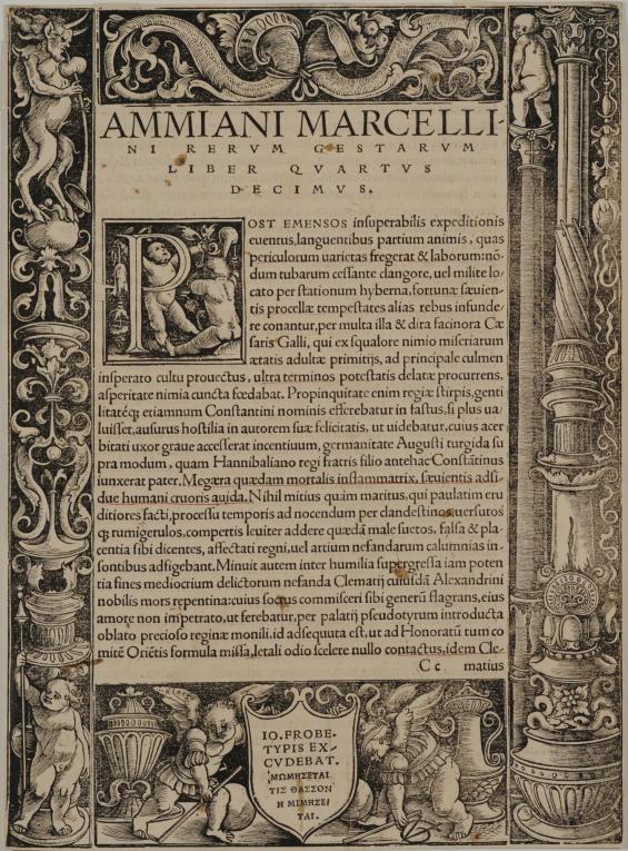 Title page from Chapter XIV of Ammiani Marcellini's Rerum Gestarum / Res Gestae, on the cruelty of Constantius Gallus (326-354 AD)