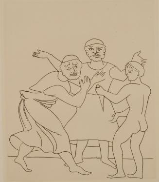 Untitled Illustration from Le Satyricon (boy with knife confronts two men)