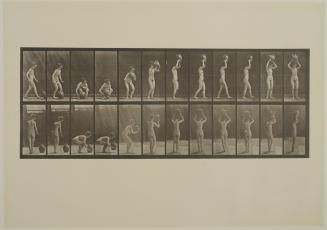 Plate 222. Stooping, lifting a water jar to head and turning. From Volume 4, Females (Nude) of Animal Locomotion: an electrophotographic investigation of consecutive phases of Animal Locomotion