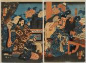 Hua Tuo Scrapes the Bone to Treat Guan Yu's Arrow Wound (Kada hone o kezurite Kan'u ga yakizu o ryôji suru zu), from the series Popular Romance of the Three Kingdoms (Tsûzoku Sangokushi no uchi) (first 2 panels of an Oban triptych)