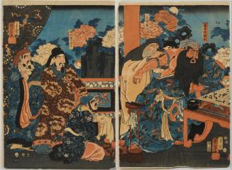 Hua Tuo Scrapes the Bone to Treat Guan Yu's Arrow Wound (Kada hone o kezurite Kan'u ga yakizu o ryôji suru zu), from the series Popular Romance of the Three Kingdoms (Tsûzoku Sangokushi no uchi) (first 2 panels of an Oban triptych)