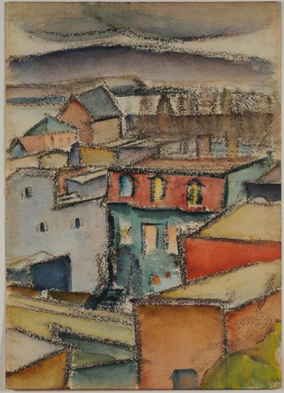Untitled (cityscape) and verso untitled (landscape with archer)