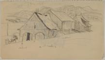 Les Éboulements / Farm Buildings (verso sketch of horse pulling a plough)
