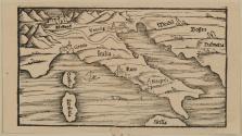 Map of Italy Corsica, Sardinia and the Dalmatian Coast, illustration from Liber II / Book II of the 1552 version of Sebastian Münster's Cosmographia Universalis; also appears in Heinrich Pantaleon's Militaris Ordinis Iohannitarum, Rhodiorum, Aut Melitensium Equitum Rerum Memorabilium Terra Marique (History of the Christian orders and their deeds against Turks, Arabs, and others in various theatres)