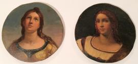 Two circular miniatures (reproductions of women from 16th century paintings)