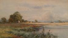 English Country Scene, Haymaking in a Meadow by a Body of Water