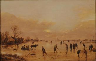 Untitled, A Frozen Waterway with Villagers Playing Kolf and Skating and a Horsedrawn Sleigh