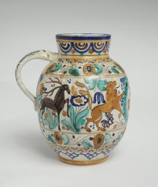 Handled jug with painted decoration of lions and stags