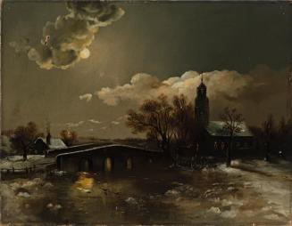 Night Scene in Winter with Moon and a Church Tower in the Background