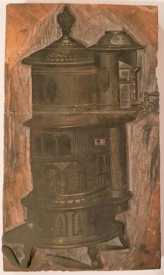 Woodblock of old potbelly stove (verso, regatta scene drawing)
