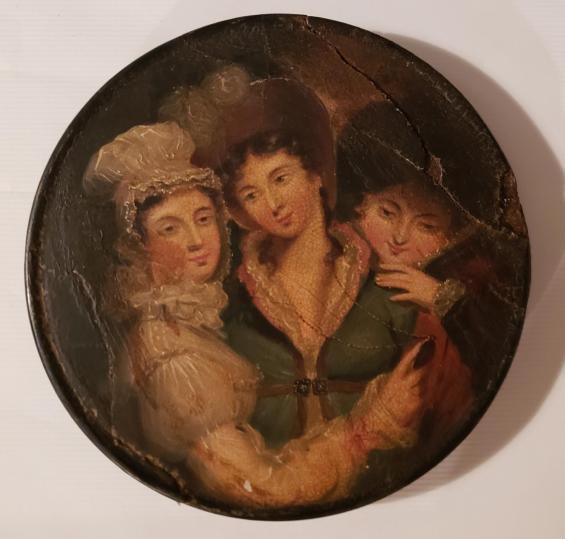 English Papier Maché Snuff Box with painting of The Three Graces