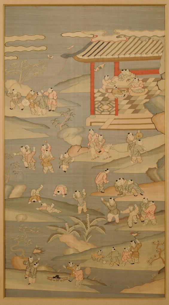 Chinese silk kesi tapestry of boys playing in a garden