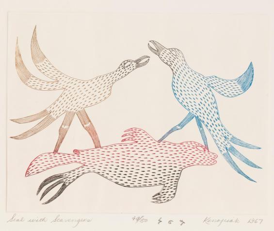 Seal with Scavengers, #61 from the 1967 Cape Dorset Print catalogue
