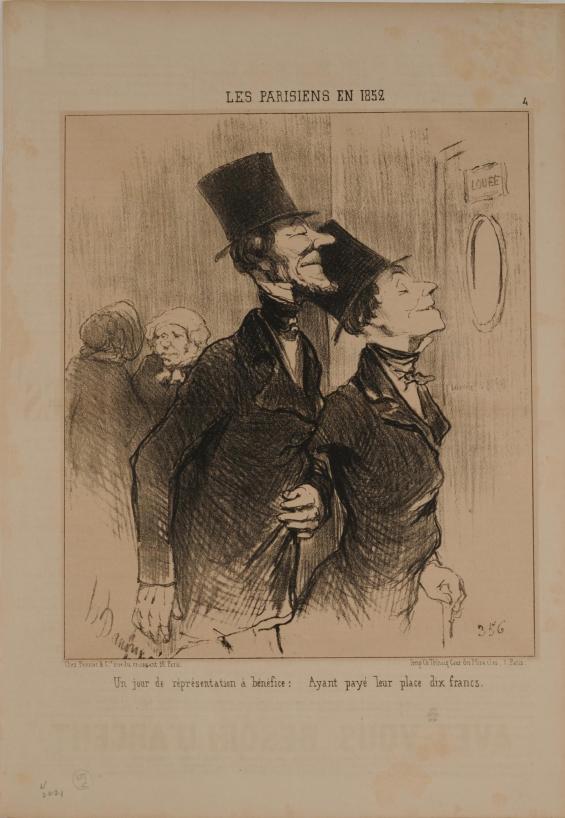 Un jour de représentation à bénéfice : Ayant payé leur place dix francs / Day of the benefit performance: After having paid their ten francs; no. 4 from Les Parisiens en 1852 / The Parisans in 1852.  Published in Le Charivari
