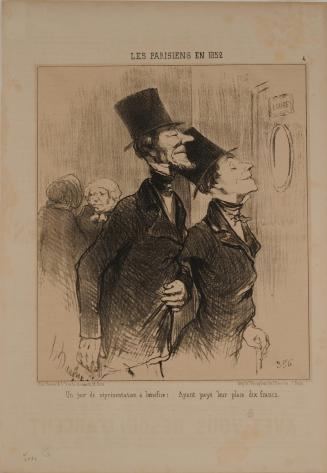 Un jour de représentation à bénéfice : Ayant payé leur place dix francs / Day of the benefit performance: After having paid their ten francs; no. 4 from Les Parisiens en 1852 / The Parisans in 1852.  Published in Le Charivari
