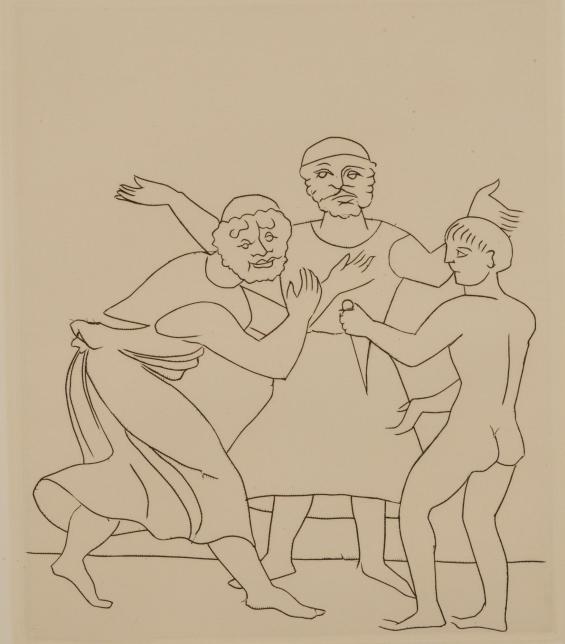Untitled Illustration from Le Satyricon (boy with knife confronts two men)