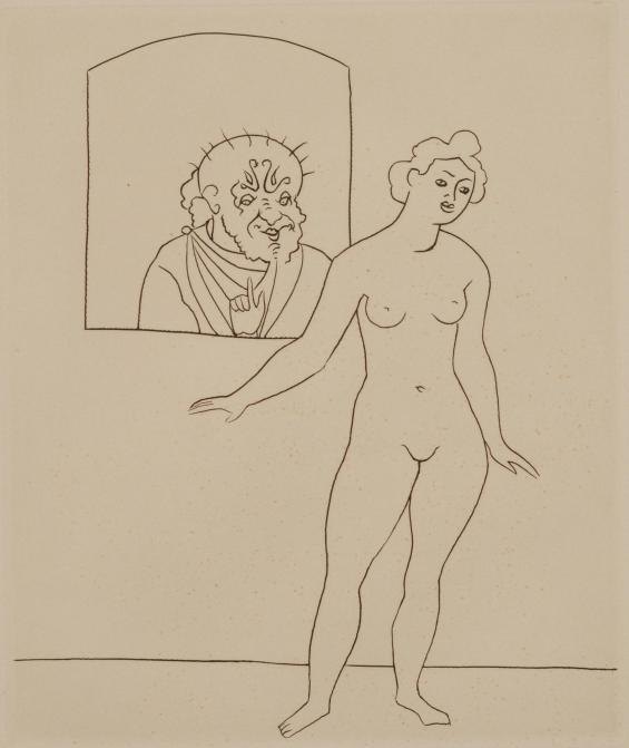 Untitled Illustration from Le Satyricon (man watches nude woman through window)