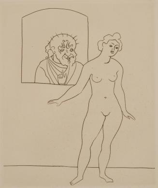 Untitled Illustration from Le Satyricon (man watches nude woman through window)