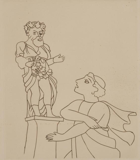 Untitled Illustration from Le Satyricon (worshipper at sculpture of Dionysus)