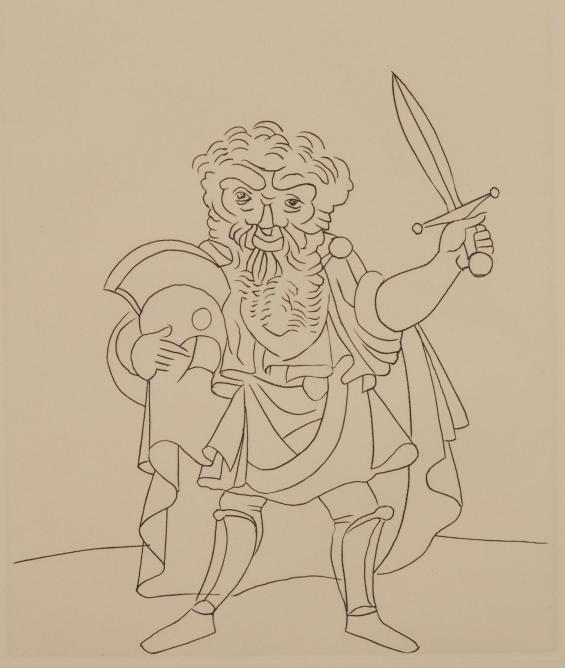 Untitled Illustration from Le Satyricon (armed soldier carrying helmet and sword)