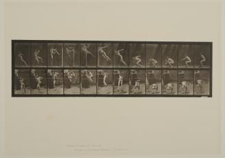 Plate 157. Jumping, running twist high jump. From Volume 5, Males (pelvis cloth) of Animal Locomotion: an electrophotographic investigation of consecutive phases of Animal Locomotion