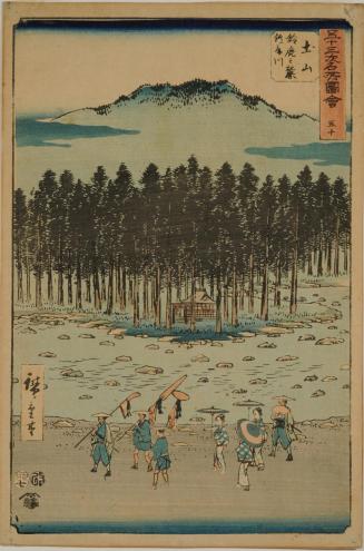 No. 50, Tsuchiyama: The Suzuka Foothills and Suzuka River / Tsuchiyama, Suzuka no fumoto, Suzukagawa, from the series Famous Sights of the Fifty-three Stations / Gojûsan tsugi meisho zue, also known as the Vertical Tôkaidô
