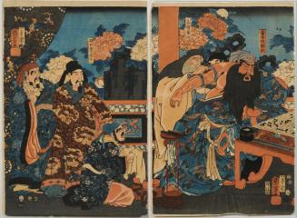 Hua Tuo Scrapes the Bone to Treat Guan Yu's Arrow Wound / Kada hone o kezurite Kan'u ga yakizu o ryôji suru zu, from the series Popular Romance of the Three Kingdoms / Tsûzoku Sangokushi no uchi (first 2 panels of an Oban triptych)