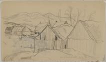 Les Éboulements / Farm Buildings (verso sketch of horse pulling a plough)