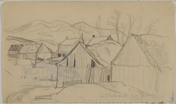 Les Éboulements / Farm Buildings (verso sketch of horse pulling a plough)