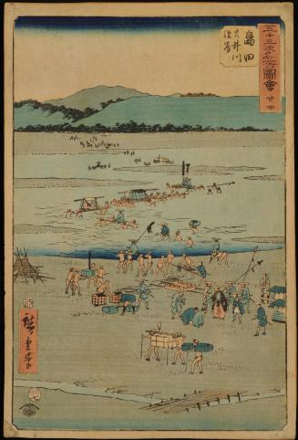 No. 24, Shimada: The Suruga Side of the Ôi River / Shimada, Ôigawa Sungan, from the series Famous Sights of the Fifty-three Stations / Gojûsan tsugi meisho zue, also known as the Vertical Tôkaidô
