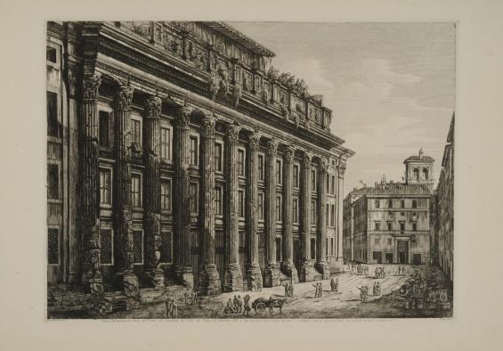 Veduta dell avanzo del fianco del Portico, che circondava la Cella del Tempio di Antonino Pio in oggi Dogana di Terra e Piazza di Pietra,