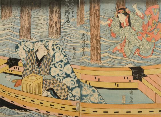 Scene from the production of the play Daigashira Midori no Iromaku: Arashi Rikan as Hanshichi, Iwai Shijaku as Courtesan Sankatsu