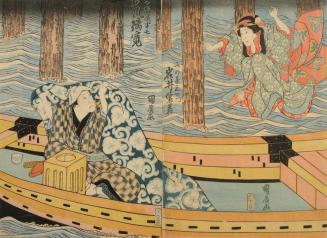 Scene from the production of the play Daigashira Midori no Iromaku: Arashi Rikan as Hanshichi, Iwai Shijaku as Courtesan Sankatsu