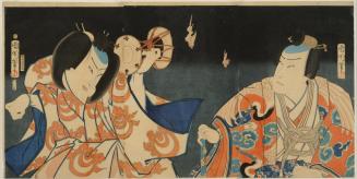 Fox Spirit Tadanobu holding a hand drum in a scene from the Kabuki drama Yoshitsune and the Thousand Cherry Trees / Yoshitsune Sembon Zakura
