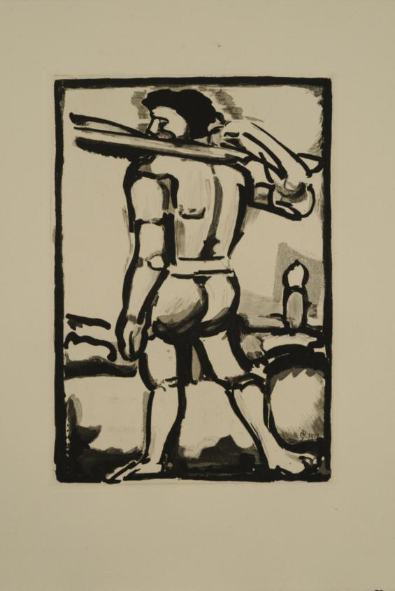 Aide-Bourreau portant un des bois de la croix, vers la gauche / Henchman's Aide Carrying Part of the Cross, Facing Left, Plate XVI from the book Passion by André Suarès