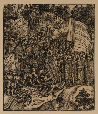 1: The Bavarian war, a battle scene showing the defeat of the Bohemians at Menzenbach near Ratisbon (Traut); 2: The Expulsion of the French from the Kingdom of Naples (Durer); 3: The War with Liège (Traut), from the Triumphal Arch of Maximilian I