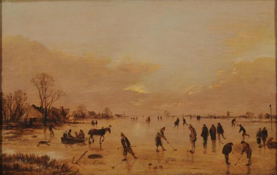 Untitled, A Frozen Waterway with Villagers Playing Kolf and Skating and a Horsedrawn Sleigh