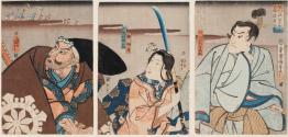 Benkei, Shizuka-gozen, and Yoshitsune preparing to meet the attack of Tosa-bô Shôshun on the Horikawa palace on November 10, 1185 (Horikawa yo-uchi: Tosa-bô Shôshun toyose no zu)