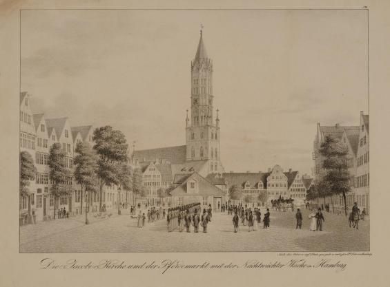 Die Jacobi Kirche und der Pferdemarkt mit der Nachtwächter Wache in Hamburg / St. James' Church and the Horse Market with the Night Watchman Guard in Hamburg