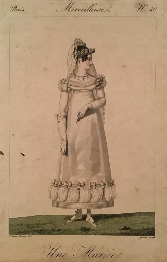 Une Mariée, Planche N°30 de la suite intitulée Costumes d'incroyables et merveilleuses, de la collection "Costumes et modes d'autrefois" / A Bride, Plate No. 30 of the suite titled Costumes Incredible and Wonderful, from the collection "Costumes and Fashions of the Past"