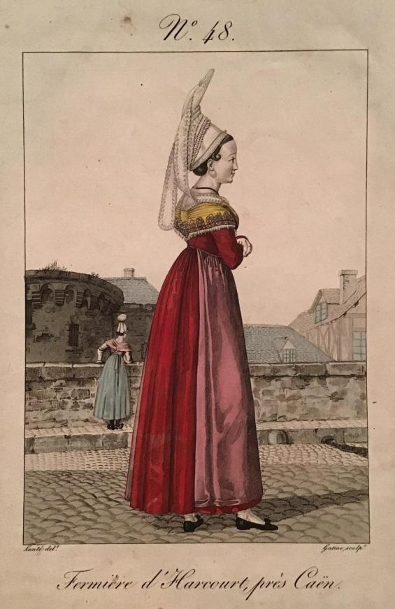 Fermière d'Harcourt, près Cäen, N° 48 de Costumes des femmes du Pays de Caux et de plusieurs autres parties de l'ancienne province de Normandie / Farmer's wife of Harcourt, near Cäen, No. 48 from Women's costumes from the Pays de Caux and several other parts of the former province of Normandy