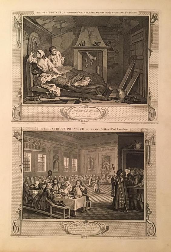 Industry and Idleness. Plate 7: The Idle ‘Prentice return’d from Sea, & in a Garret with a common Prostitute and 8: The Industrious 'Prentice grown rich, & Sheriff of London, from Hogarth Restored, the Whole Works of the Celebrated William Hogarth as Originally Published
