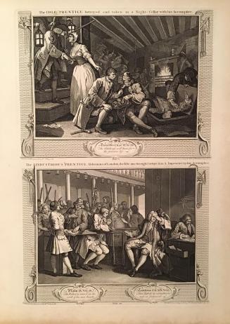 Industry and Idleness, Plate 9: The Idle Prentice Betrayed and Taken in a Night-Cellar with his Accomplice and 10: The Industrious 'Prentice Alderman of London, the Idle one brought before him & Impeach'd by his Accomplice, from Hogarth Restored, the Whole Works of the Celebrated William Hogarth as Originally Published