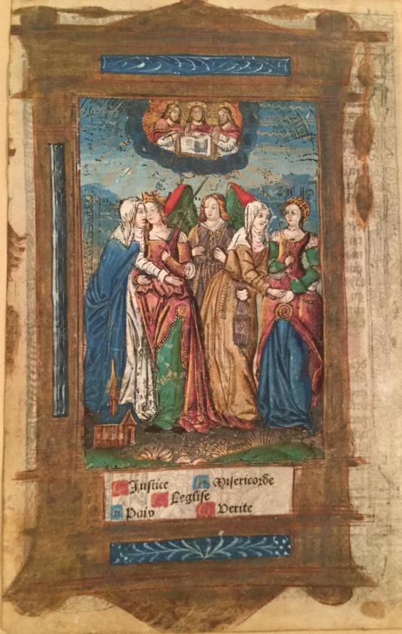 Illustration of Procès de Paradis (The Church with Four Cardinal Virtues), from a Printed Book of Hours (Use of Rome)